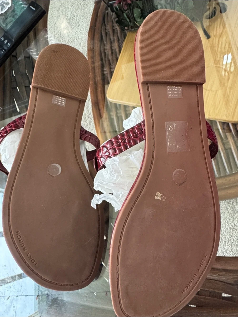 Tory Burch Burgundy Leather Logo Thong Sandals with Gold Medallions